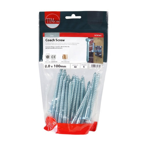 40 x TIMCO Coach Screws Hex Head Silver  - 8.0 x 100