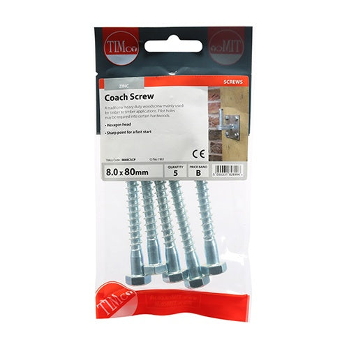 5 x TIMCO Coach Screws Hex Head Silver  - 8.0 x 80