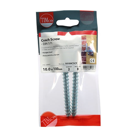 Pair of - TIMCO Coach Screws Hex Head Silver  - 10.0 x 100