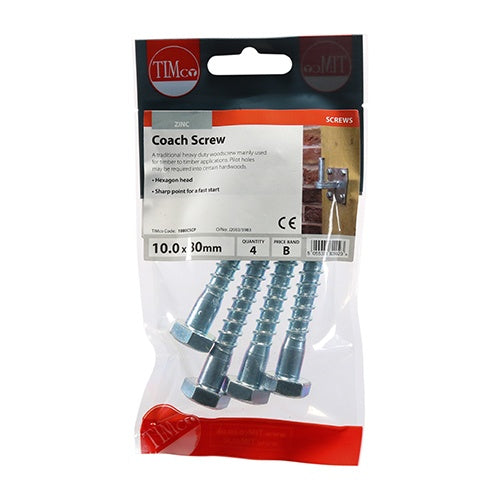 4 x TIMCO Coach Screws Hex Head Silver  - 10.0 x 80