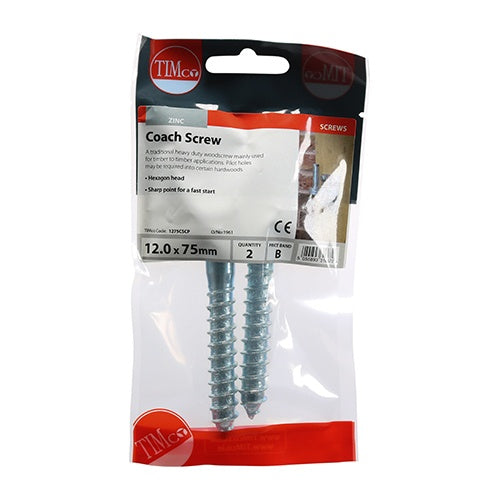 Pair of - TIMCO Coach Screws Hex Head Silver  - 12.0 x 75