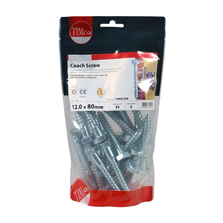 25 x TIMCO Coach Screws Hex Head Silver  - 12.0 x 80