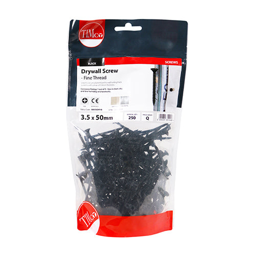 250 x TIMCO Drywall Fine Thread Bugle Head Black Screws - 3.5 x 50