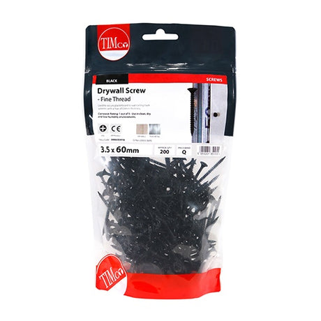 200 x TIMCO Drywall Fine Thread Bugle Head Black Screws - 3.5 x 60