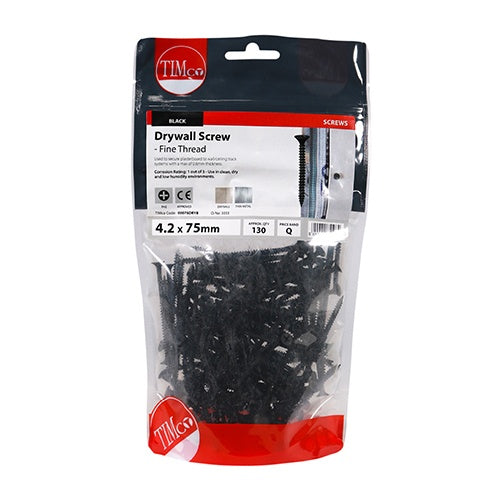 130 x TIMCO Drywall Fine Thread Bugle Head Black Screws - 4.2 x 75