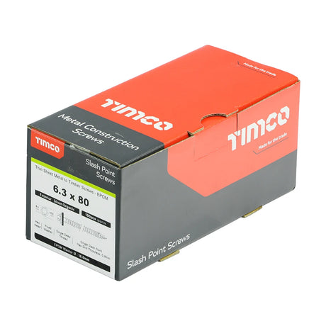 100 x TIMCO Slash Point Sheet Metal to Timber Screws Exterior Silver with EPDM Washer - 6.3 x 80