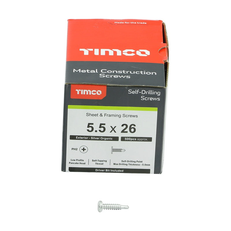 500 x TIMCO Self-Drilling Metal Framing Low Profile Pancake Head Exterior Silver Screws - 5.5 x 26