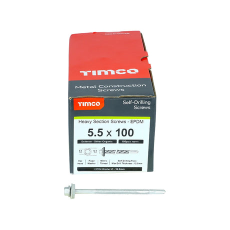 100 x TIMCO Self-Drilling Heavy Section Screws Exterior Silver with EPDM Washer - 5.5 x 100