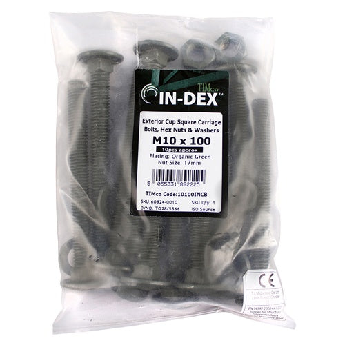 10 x TIMCO Carriage Bolts DIN603 Hex Nuts & Form A Washers Green Exterior - M10 x 100