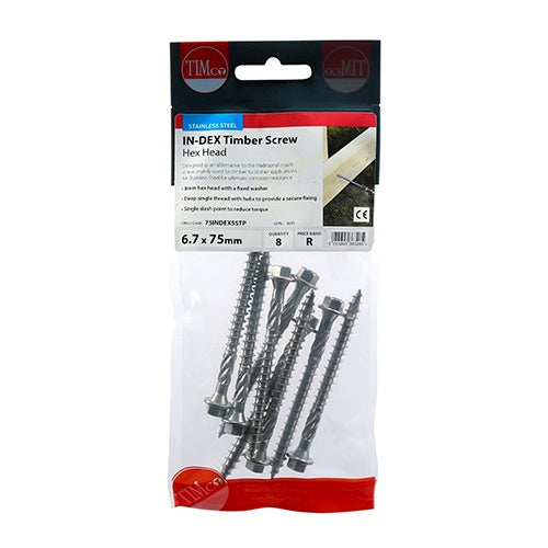 8 x TIMCO Timber Screws Hex Flange Head A4 Stainless Steel - 6.7 x 75