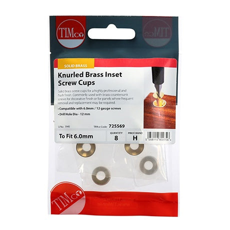 8 x TIMCO Knurled Brass Inset Screw Cup - To fit 5.5, 6.0 Screw