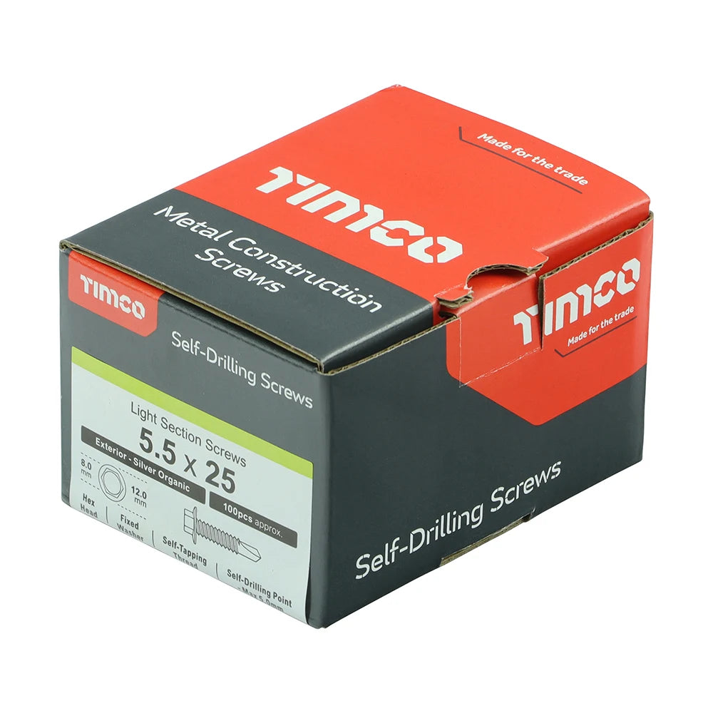 100 x TIMCO Self-Drilling Light Section Screws Exterior Silver - 5.5 x 25