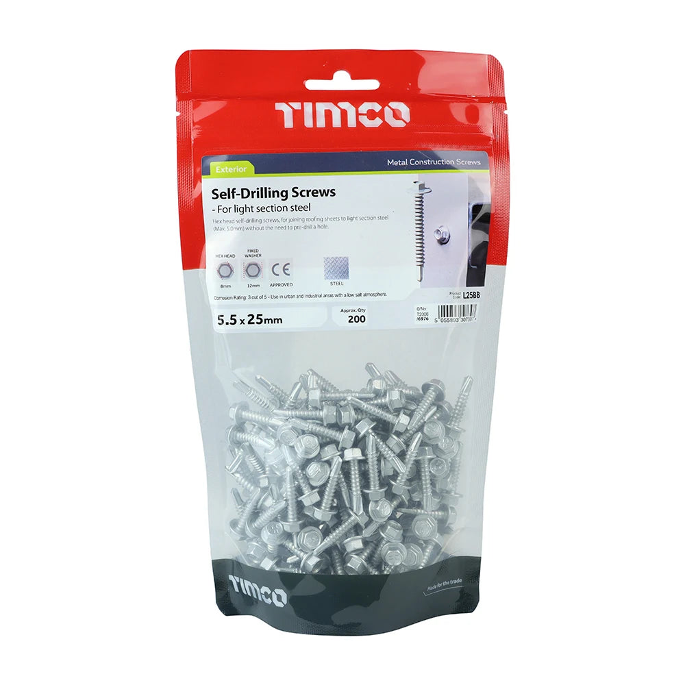 200 x TIMCO Self-Drilling Light Section Screws Exterior Silver - 5.5 x 25