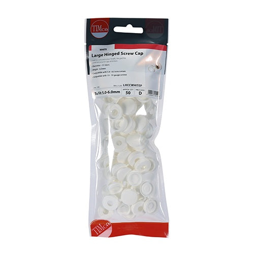 50 x TIMCO Hinged Screw Caps Large White - To fit 5.0 to 6.0 Screw