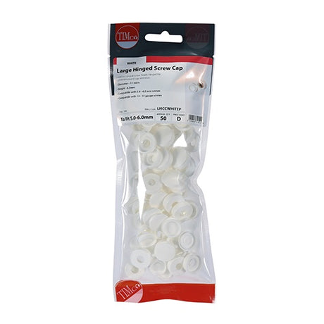 50 x TIMCO Hinged Screw Caps Large White - To fit 5.0 to 6.0 Screw