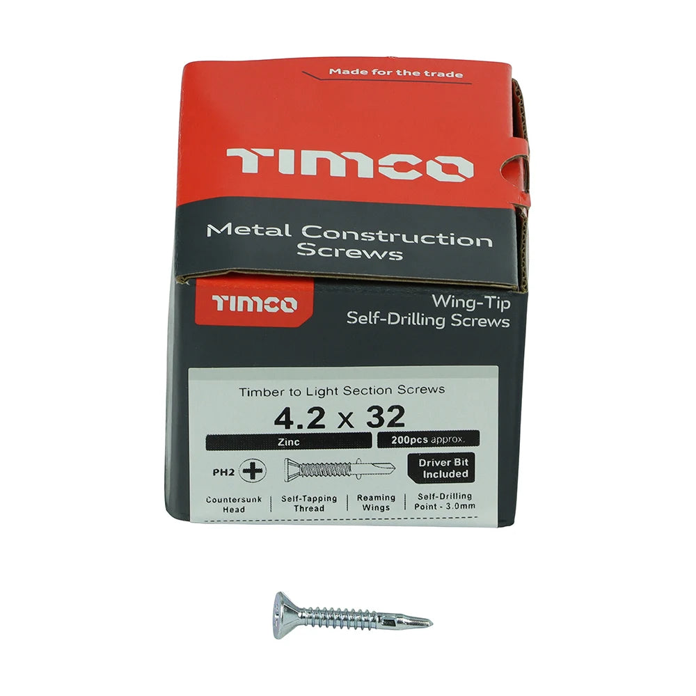 200 x TIMCO Self-Drilling Wing-Tip Steel to Timber Light Section Silver Screws  - 4.2 x 32