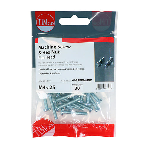 30 x TIMCO Machine Pan Head Screws & Hex Nut Silver - M4 x 25