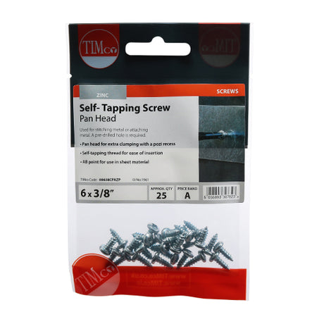 25 x TIMCO Self-Tapping Pan Head Silver Screws - 6 x 3/8