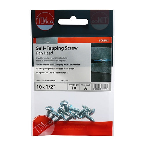 10 x TIMCO Self-Tapping Pan Head Silver Screws - 10 x 1/2