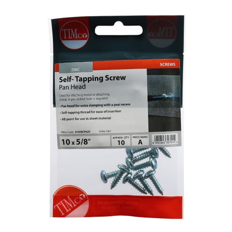 10 x TIMCO Self-Tapping Pan Head Silver Screws - 10 x 5/8