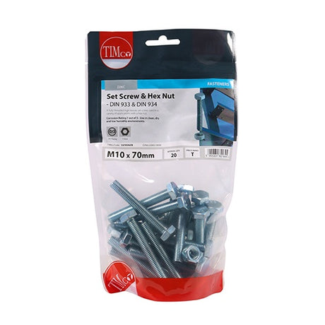 20 x TIMCO Set Screws DIN933 Grade 8.8 & Hex Nut DIN934 Silver - M10 x 70