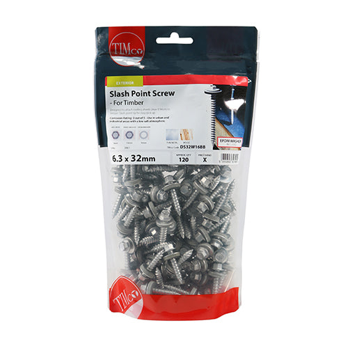 120 x TIMCO Slash Point Sheet Metal to Timber Screws Exterior Silver with EPDM Washer - 6.3 x 32