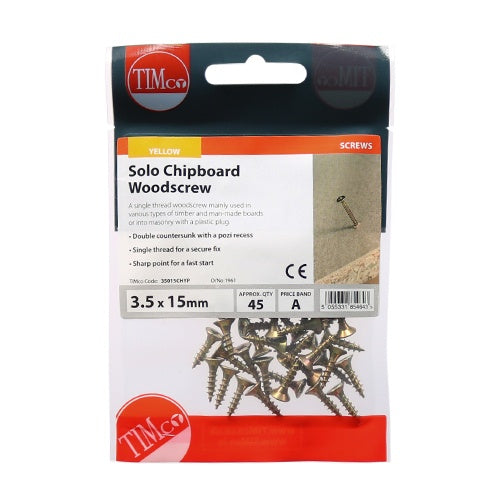 45 x TIMCO Solo Countersunk Gold Woodscrews - 3.5 x 15