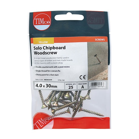 25 x TIMCO Solo Countersunk Gold Woodscrews - 4.0 x 30