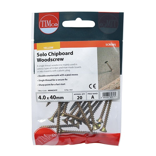 20 x TIMCO Solo Countersunk Gold Woodscrews - 4.0 x 40