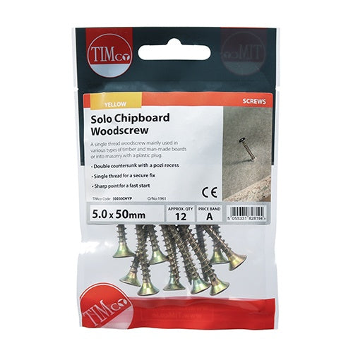 12 x TIMCO Solo Countersunk Gold Woodscrews - 5.0 x 50