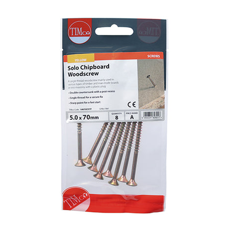8 x TIMCO Solo Countersunk Gold Woodscrews - 5.0 x 70