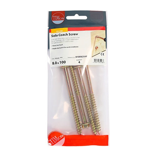 4 x TIMCO Solo Advanced Hex Head Gold Coach Woodscrews - 8.0 x 100