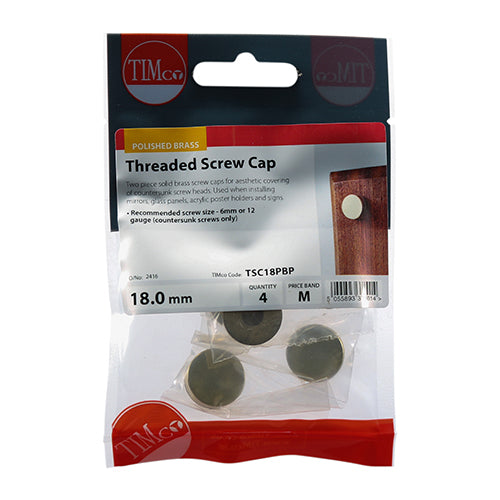 4 x TIMCO Threaded Screw Caps Solid Brass Polished Brass - 18mm