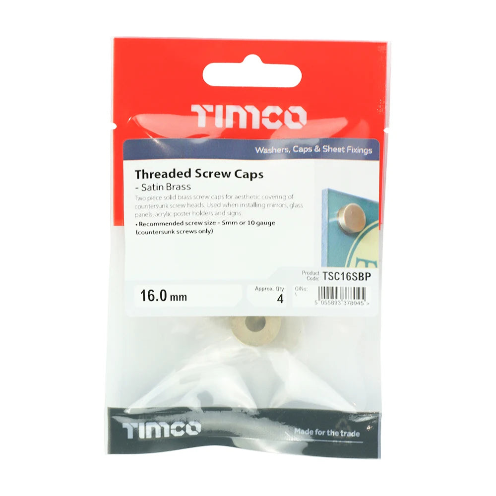 4 x TIMCO Threaded Screw Caps Solid Brass Satin Brass - 16mm