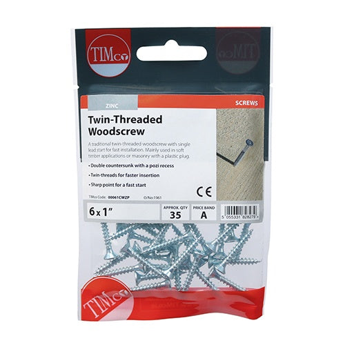 35 x TIMCO Twin-Threaded Countersunk Silver Woodscrews - 6 x 1