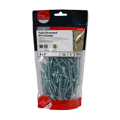 180 x TIMCO Twin-Threaded Countersunk Silver Woodscrews - 8 x 3