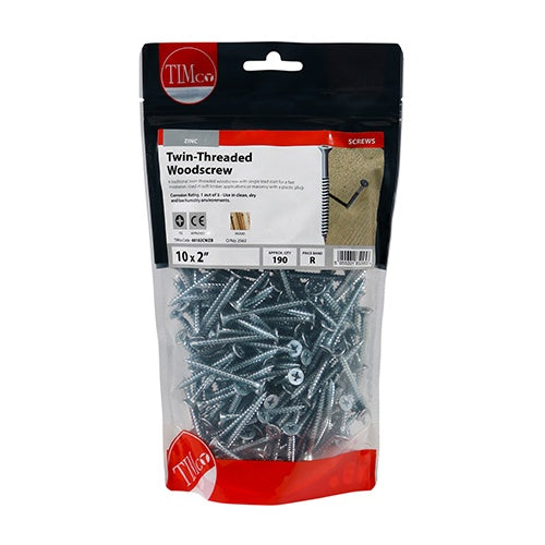 190 x TIMCO Twin-Threaded Countersunk Silver Woodscrews - 10 x 2