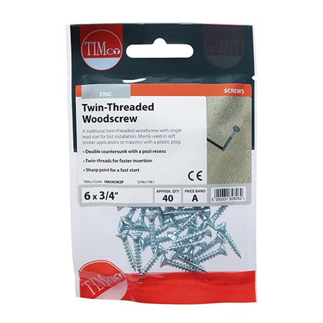 40 x TIMCO Twin-Threaded Countersunk Silver Woodscrews - 6 x 3/4