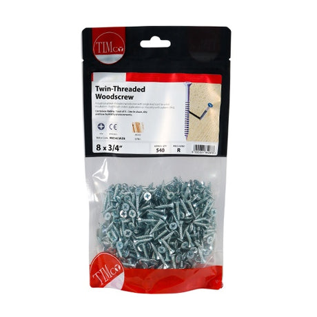 540 x TIMCO Twin-Threaded Countersunk Silver Woodscrews - 8 x 3/4