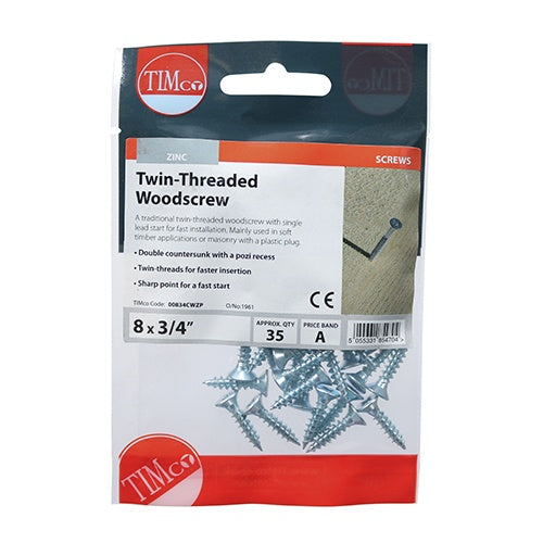 35 x TIMCO Twin-Threaded Countersunk Silver Woodscrews - 8 x 3/4