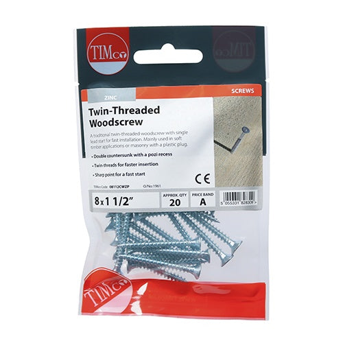 20 x TIMCO Twin-Threaded Countersunk Silver Woodscrews - 8 x 11/2