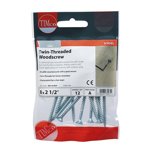 12 x TIMCO Twin-Threaded Countersunk Silver Woodscrews - 8 x 21/2