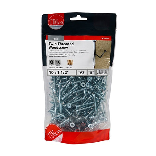 250 x TIMCO Twin-Threaded Countersunk Silver Woodscrews - 10 x 11/2