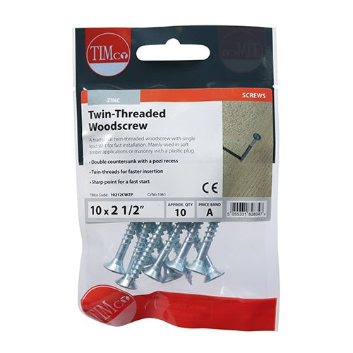 10 x TIMCO Twin-Threaded Countersunk Silver Woodscrews - 10 x 21/2