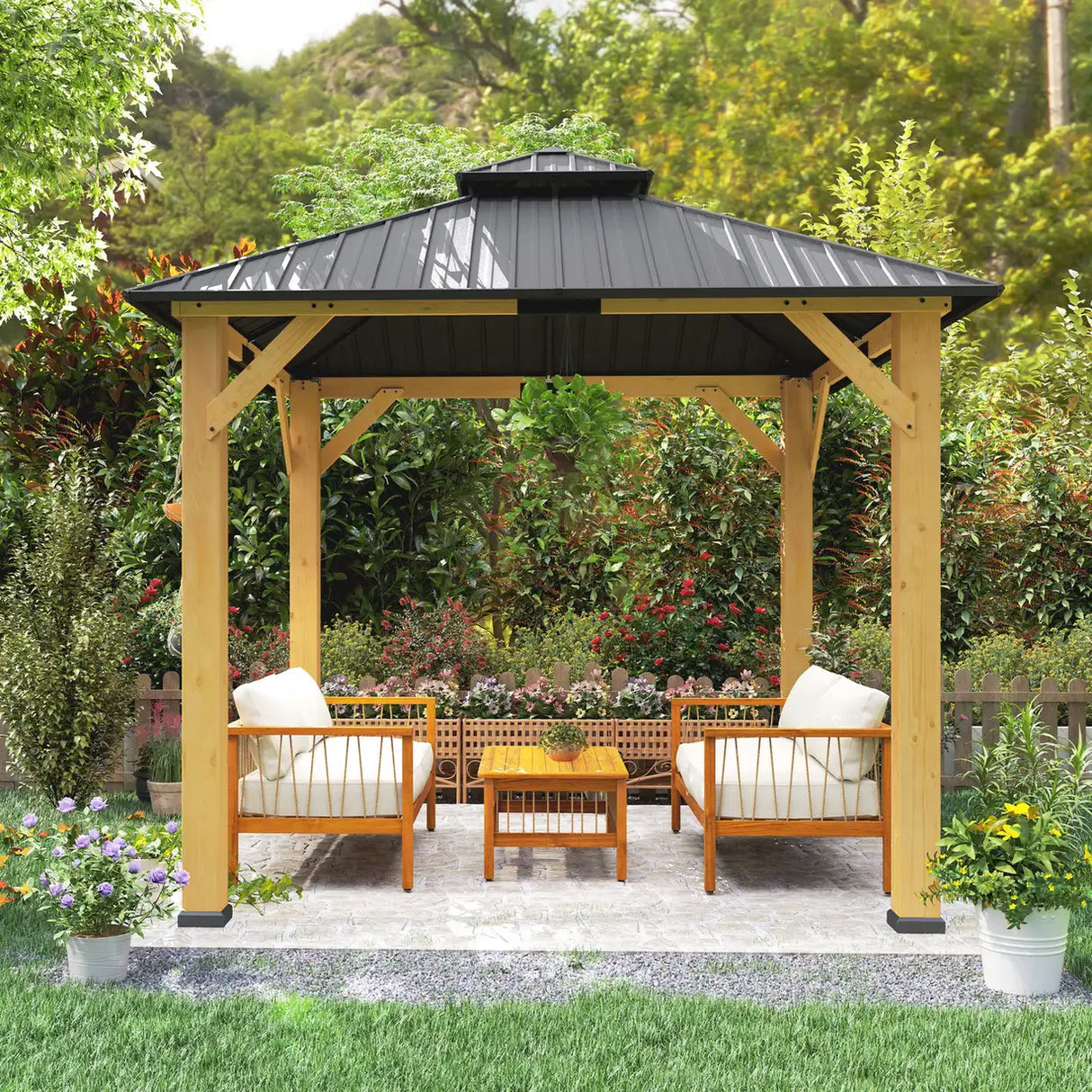 Outsunny 3x(3)M Outdoor Hardtop Gazebo Canopy with 2-Tier Roof and Solid Wood Frame, Outdoor Patio Shelter for Patio, Garden, Grey
