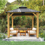Outsunny 3x(3)M Outdoor Hardtop Gazebo Canopy with 2-Tier Roof and Solid Wood Frame, Outdoor Patio Shelter for Patio, Garden, Grey