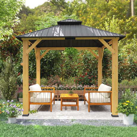 Outsunny 3x(3)M Outdoor Hardtop Gazebo Canopy with 2-Tier Roof and Solid Wood Frame, Outdoor Patio Shelter for Patio, Garden, Grey