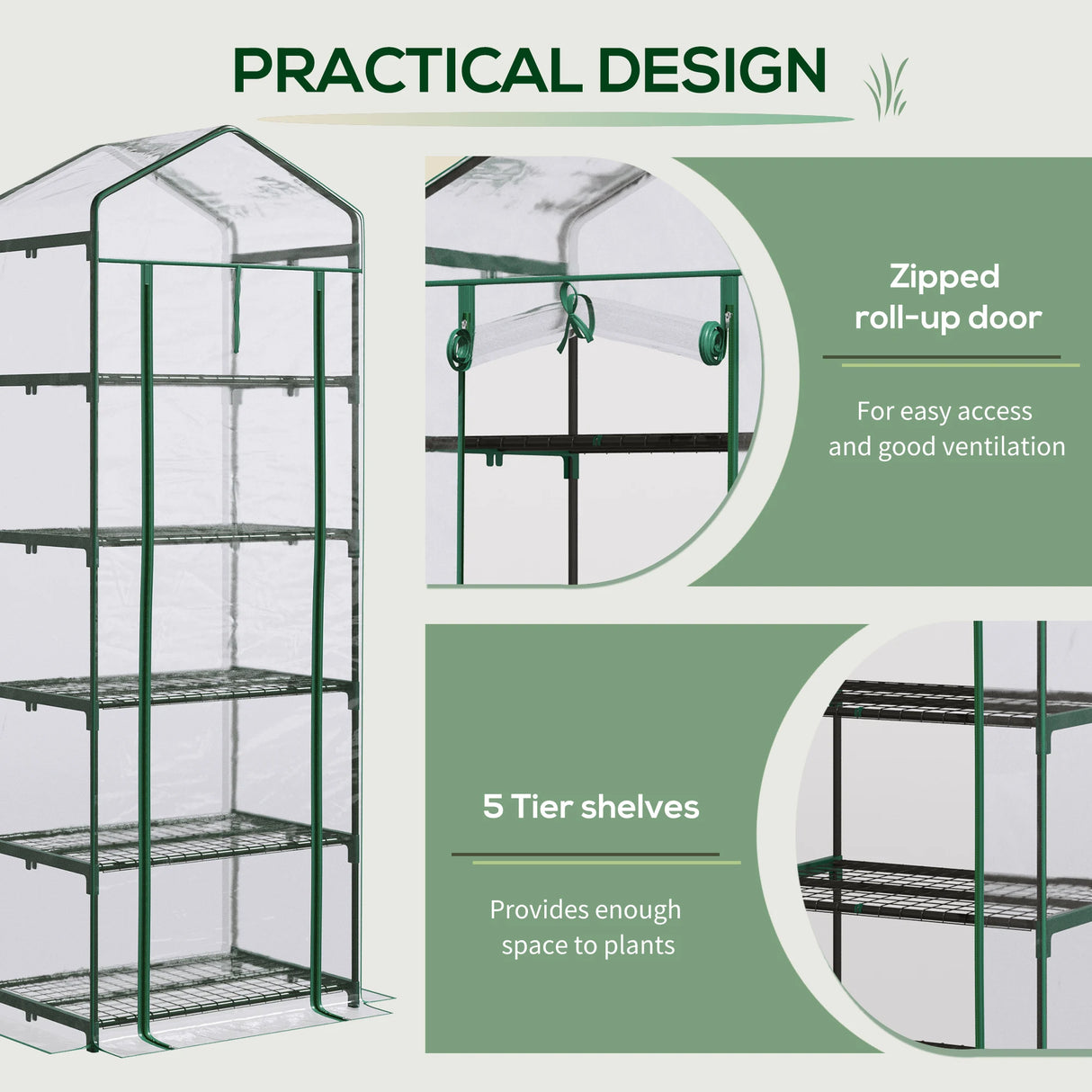 Outsunny 5 Tier Mini Greenhouse, Small Walk-in Greenhouse with Reinforced Plastic Cover, Garden Grow House with Roll Up Door and Shelves, 69 x 49 x 193cm, Green