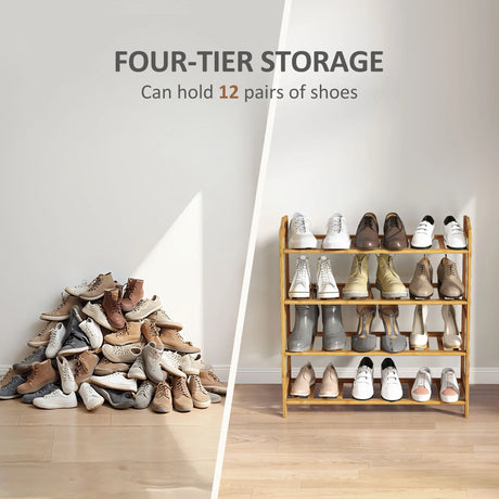 HOMCOM Freestanding Bamboo Shoe Rack, 4-Tier Shoe Shelf Stand for Hallway, Living Room, Bedroom, Natural Wood Finish