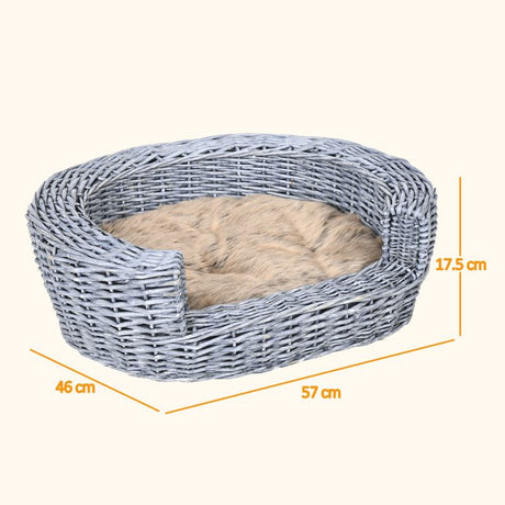 PawHut Wicker Pet Bed Willow Dog Cat Sofa Couch Puppy Basket with Cushion Grey 57L x 46W x 17.5H cm